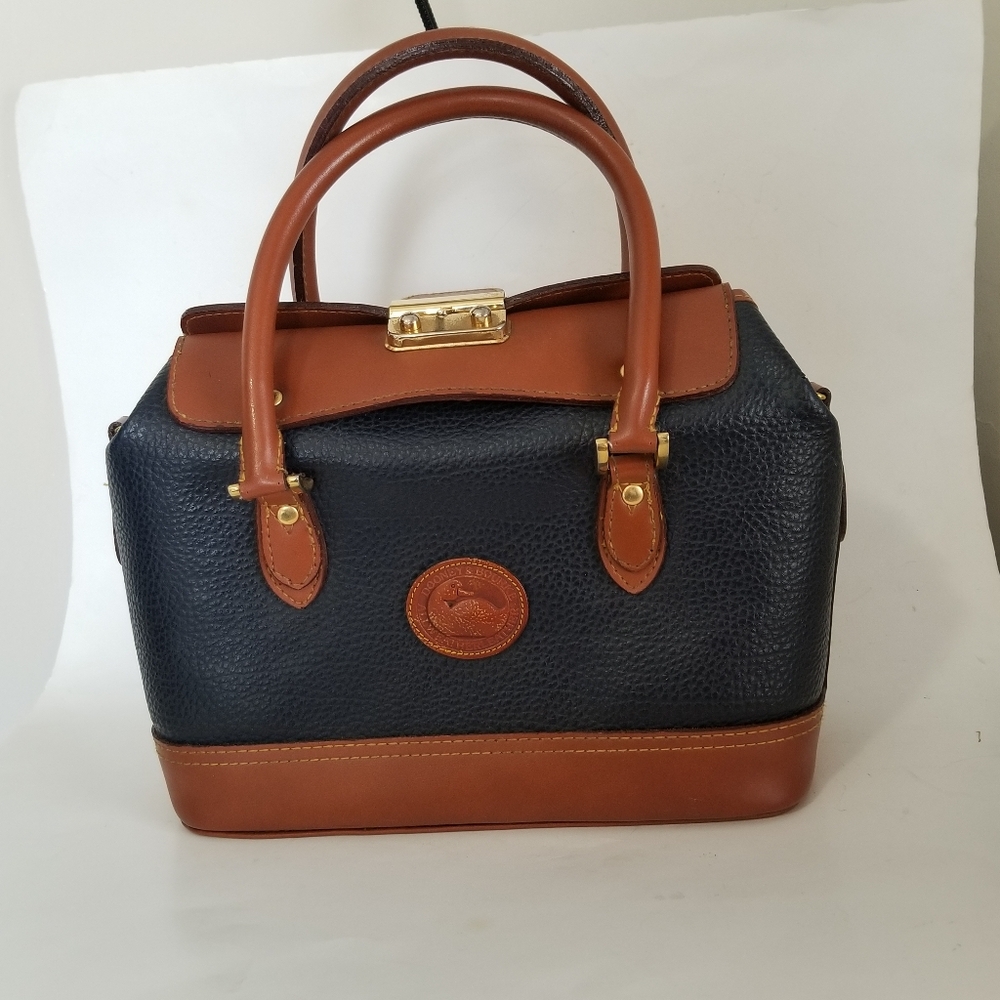 Vintage Dooney & Bourke Navy & Brown Pebbled Leather Doctor  Satchel.
